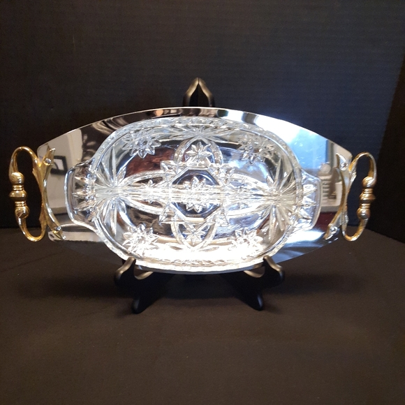 Vintage Kromex Chrome Serving Tray with Gold Tone Handle & Removable Glass  Dish - Picture 2 of 12